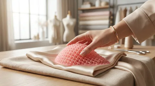 Professional studio photography of a soft pink, 3D-printed medical-grade silicone breast prosthesis with a complex lattice internal structure.